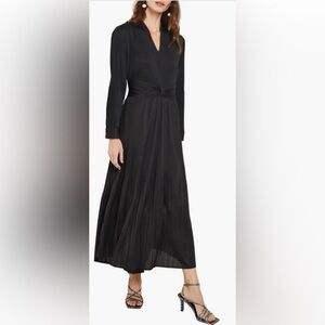 Misook Plisse Elegant Pleated V-Neck Black Long Sleeve A-Line Maxi Dress -XL NWT